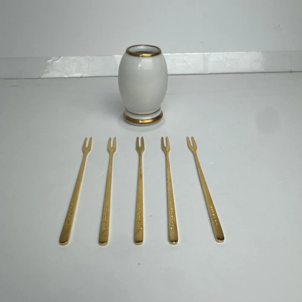 VTG Mikimoto International Gold Tone Appetizer Fork Set 5pc White Porcelain Jar